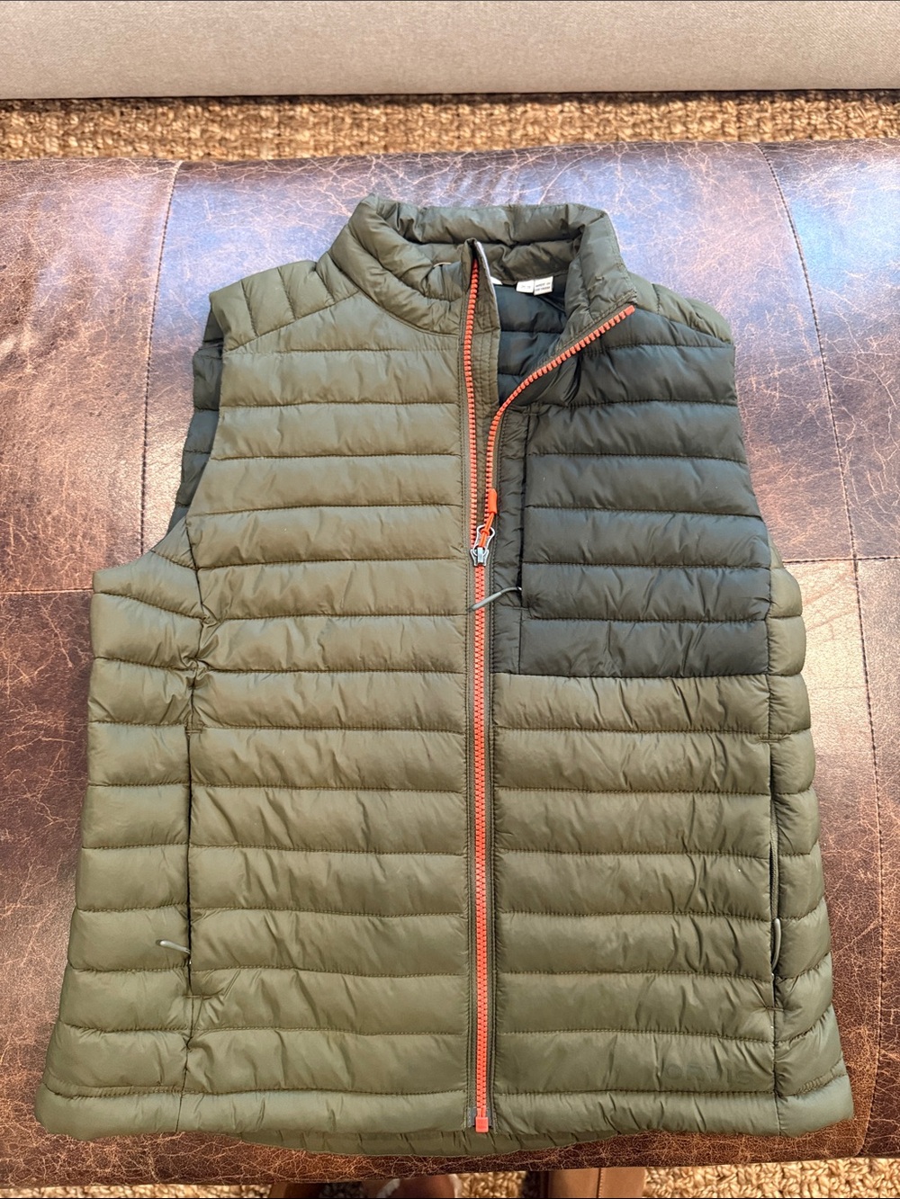 Olive ORVIS Quilted Puffer Vest with Orange Zip